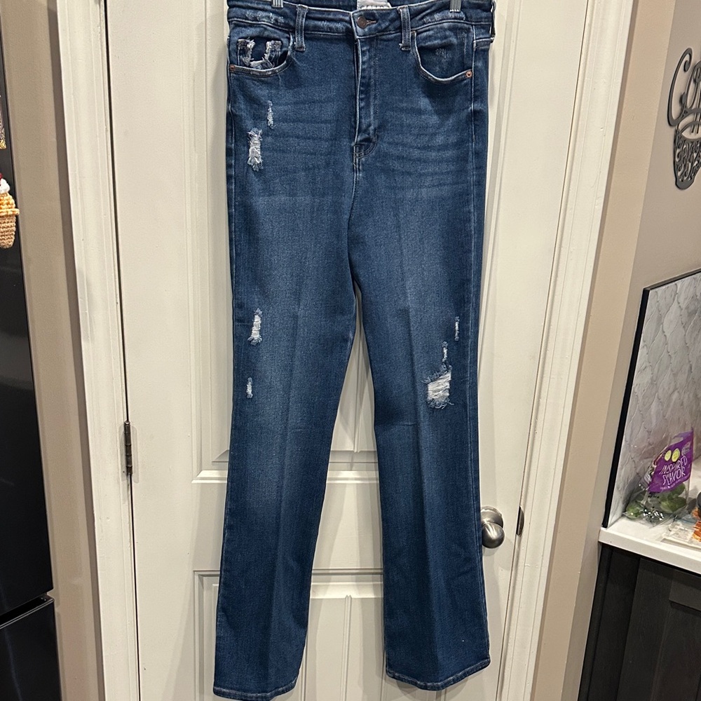 Cello Dark Blue Distressed Straight Leg Jeans